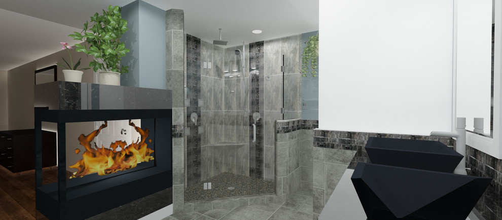 Corner shower - mid-sized transitional master multicolored tile and stone tile marble floor corner shower idea in DC Metro with a vessel sink, shaker cabinets, white cabinets, granite countertops, a two-piece toilet and blue walls