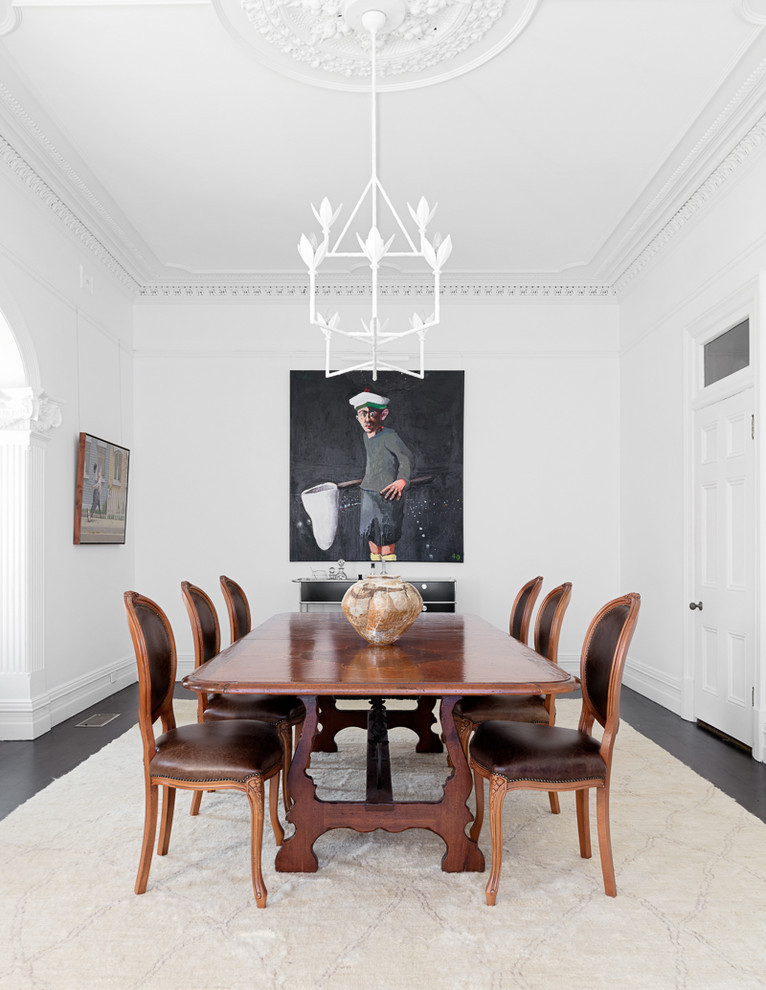 Inspiration for an expansive transitional separate dining room in Sydney with white walls, black floor and painted wood floors.