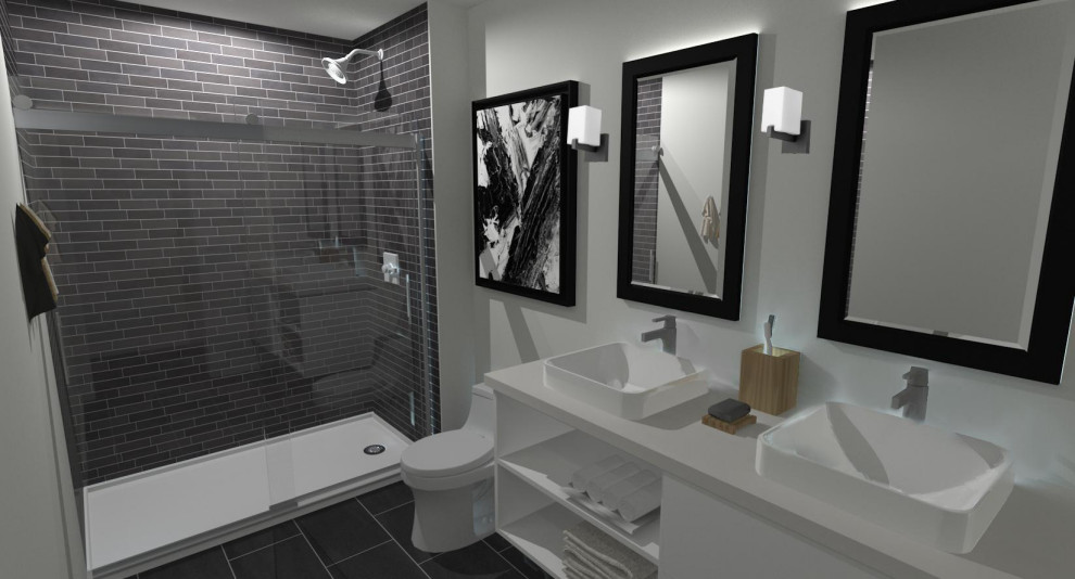 Mid-sized modern master bathroom in Detroit with flat-panel cabinets, white cabinets, an alcove shower, a one-piece toilet, white tile, porcelain tile, porcelain floors, a vessel sink, engineered quartz benchtops, black floor, a sliding shower screen, white benchtops, a double vanity, a floating vanity and black walls.