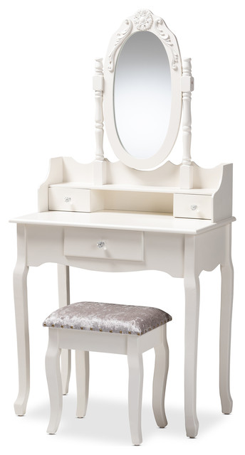 Racquel French Provincial White Wood 2, Pearl Wooden Mirrored Makeup Vanity Table White