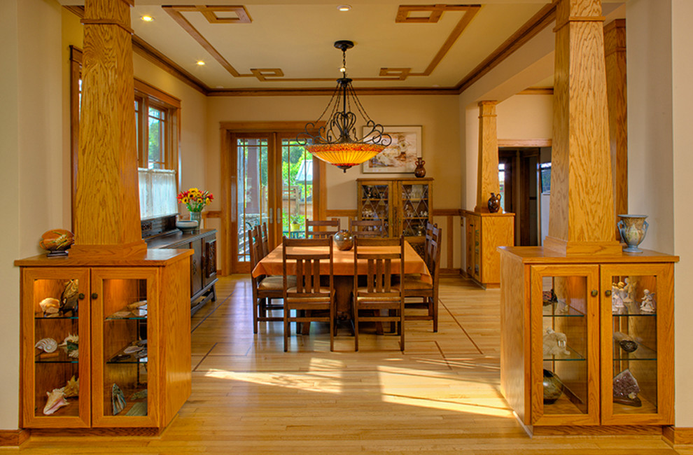This is an example of a large arts and crafts kitchen/dining combo in Houston with beige walls and light hardwood floors.