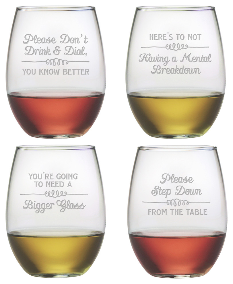 Wine Wisdom 4-Piece Stemless Wine Glass Set - Contemporary - Wine ...