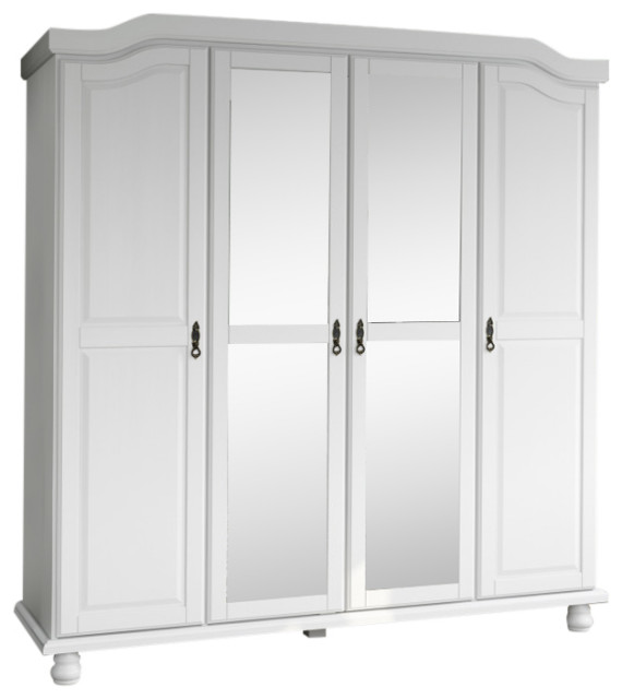 100% Solid Wood Kyle 4-Door Wardrobe Armoire With Mirrors, White