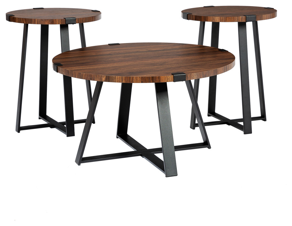 3 Piece Metal Wrap Coffee & Side Table Group Dark Walnut Industrial