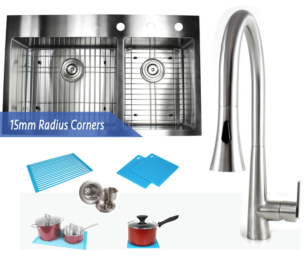 33" Topmount Stainless Steel 60/40 offset DoubleBowl Kitchen Sink & Faucet Combo Contemporary