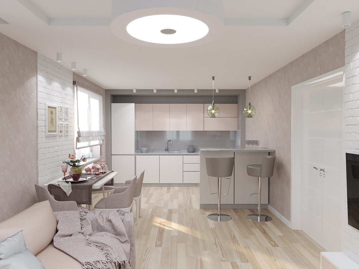 Кухня-гостиная в пудровых тонах