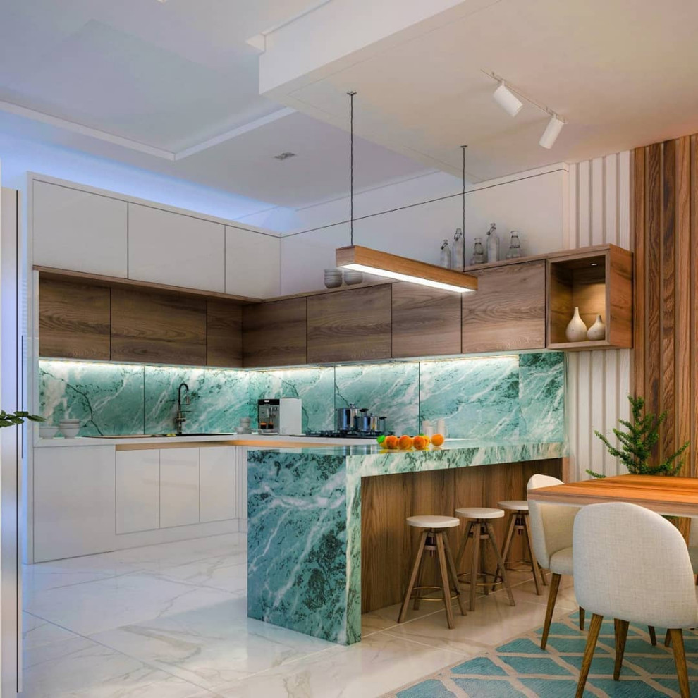 Inspiration for a modern l-shaped separate kitchen in Los Angeles with a single-bowl sink, open cabinets, white cabinets, marble benchtops, green splashback, marble splashback, stainless steel appliances, plywood floors, with island, white floor and green benchtop.