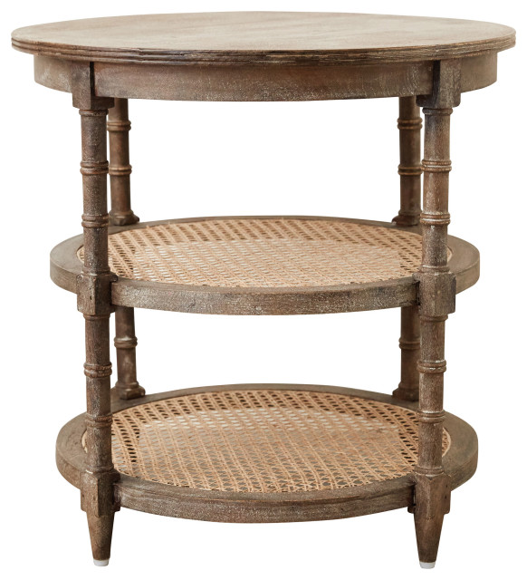 Round Mango Wood Table With 2 Cane Shelves Tropical Side Tables And