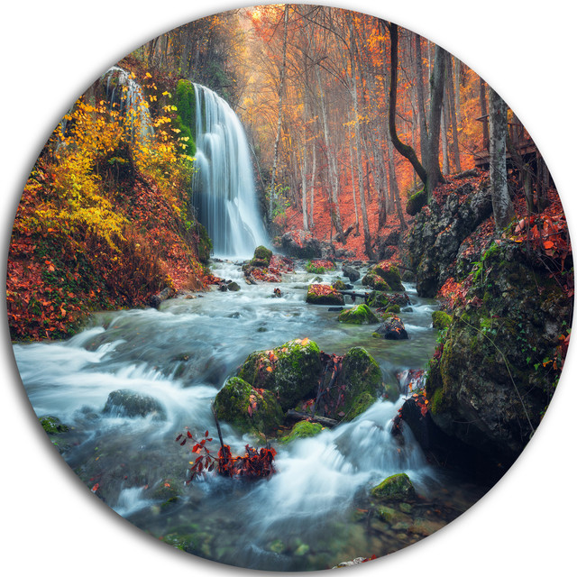 Autumn Mountain Waterfall Long View, Landscape Round Wall Art Rustic Metal Wall Art by