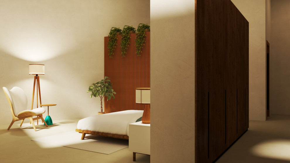 Diseño de habitación de invitados de estilo zen extra grande sin chimenea con paredes blancas y suelo blanco