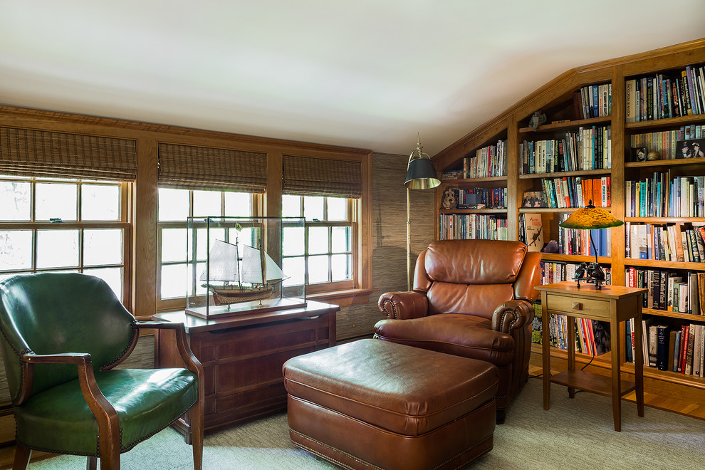 Design ideas for a mid-sized traditional study room in Boston with brown walls and medium hardwood floors.
