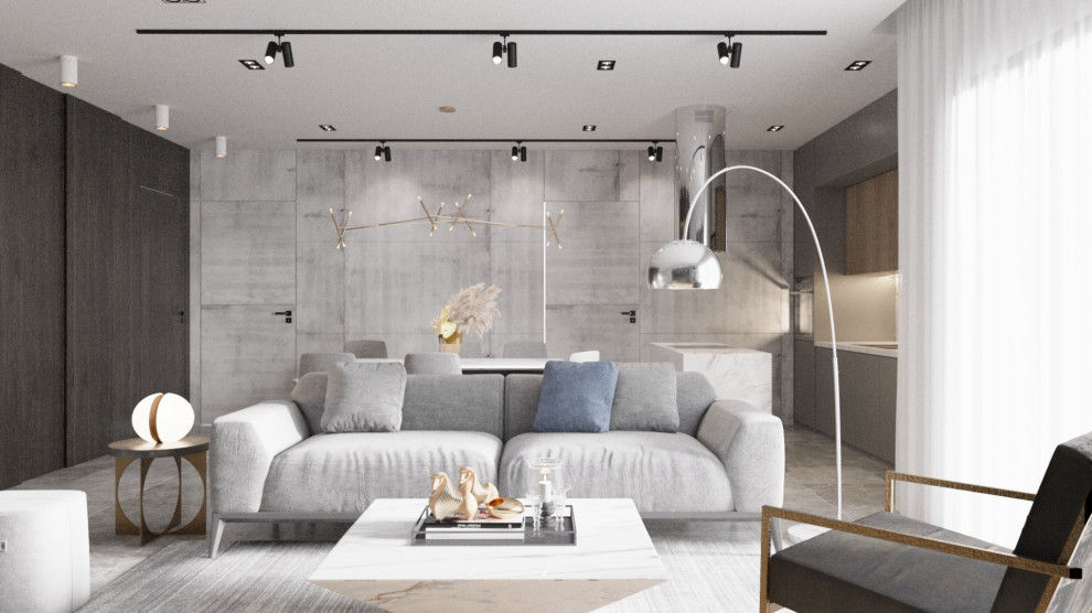 Medium sized contemporary formal mezzanine living room in Los Angeles with grey walls, ceramic flooring, a built-in media unit, grey floors and brick walls.