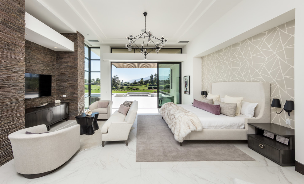Contemporary master bedroom in Orange County with no fireplace, white floor and grey walls.