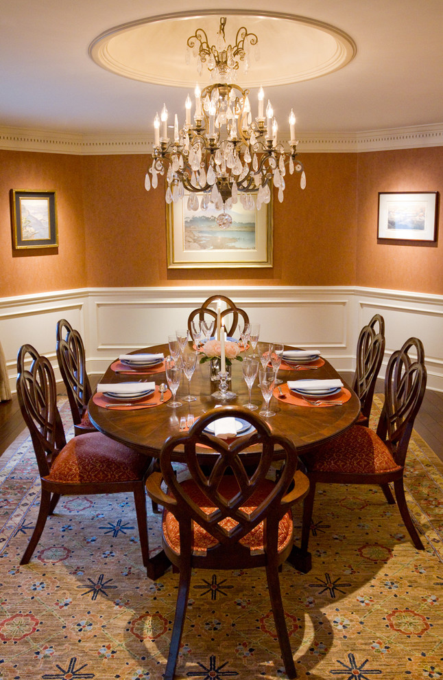 Inspiration for a mid-sized traditional separate dining room in San Francisco with orange walls, dark hardwood floors, no fireplace and brown floor.