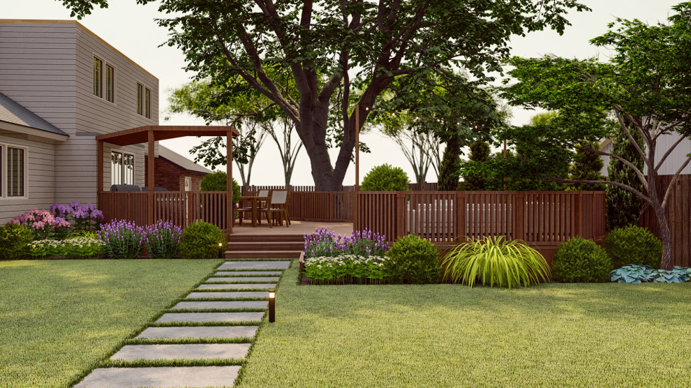 Idée de décoration pour une terrasse avec des plantes en pots arrière et au rez-de-chaussée minimaliste de taille moyenne avec un garde-corps en bois.