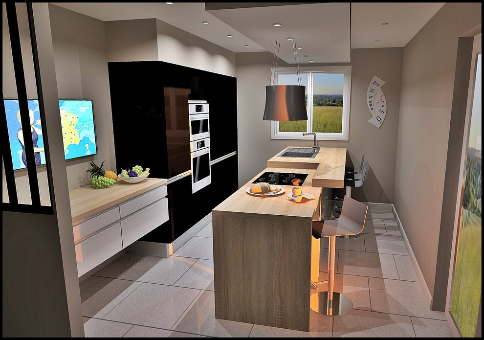Photo of a small contemporary galley open plan kitchen in Other with a single-bowl sink, beaded inset cabinets, black cabinets, laminate benchtops, stainless steel appliances and with island.