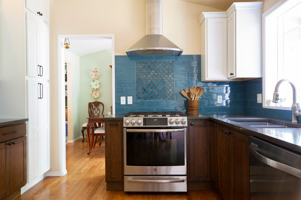 Kitchen pantry - small transitional u-shaped medium tone wood floor and brown floor kitchen pantry idea in Seattle with an undermount sink, shaker cabinets, white cabinets, quartz countertops, blue backsplash, porcelain backsplash, stainless steel appliances, no island and gray countertops