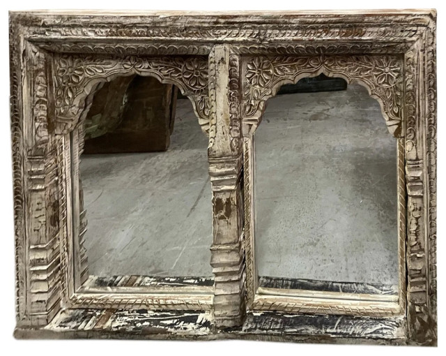 Consigned Indian Jharokha Mirror, 2 Arch frame, Handcarved Wooden Mirror