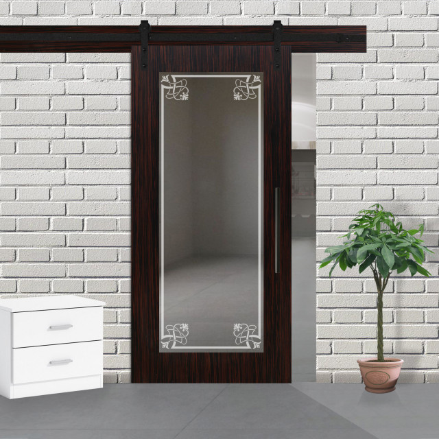 Mirrored Barn Door with Frosted Design Mirror Insert Contemporary