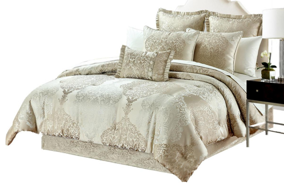 Luxury Damask 6 Piece Comforter Set, Modern Damask Black And White Comforter Bedding Set Queen