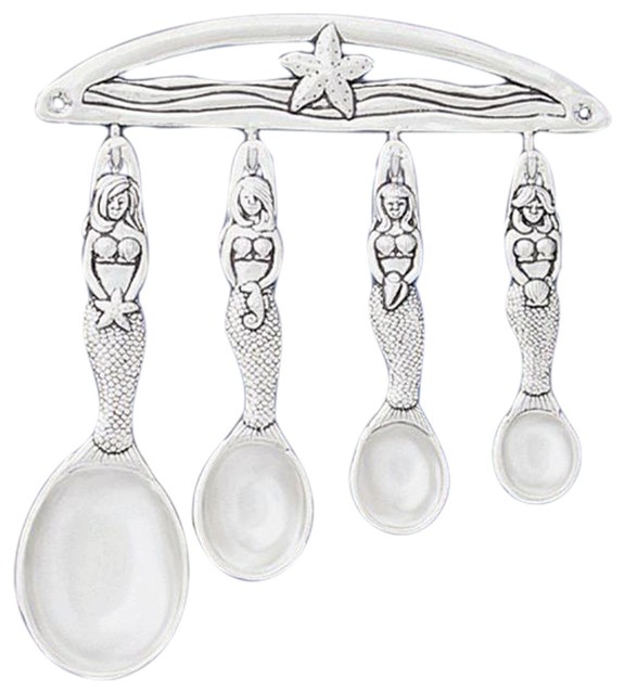 Nautical Pewter Mermaid Measuring Spoons Set With Starfish Hanging