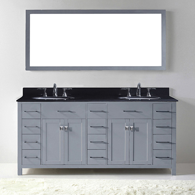 Caroline 72" Double Bathroom Vanity Set, Gray, Black Galaxy Granite Round Sinks,