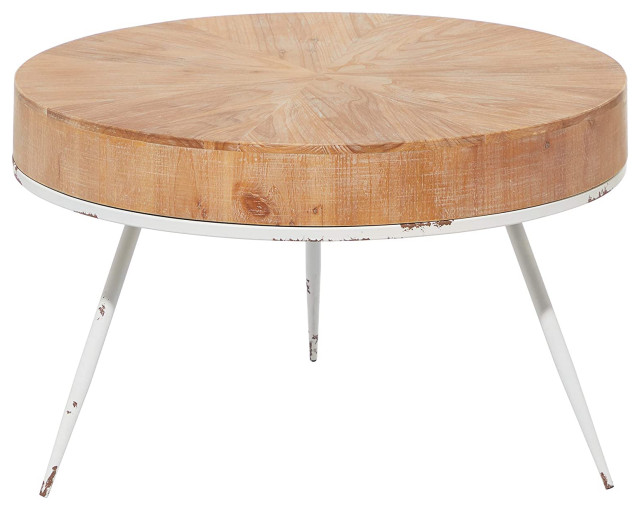Modern Coffee Table White Distressed Metal Base With Natural Round Top Industrial Coffee Tables By Decor Love Houzz