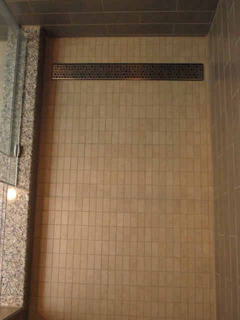 Linear Shower Drain & Rectangular Mosaic Tile transitional-bathroom