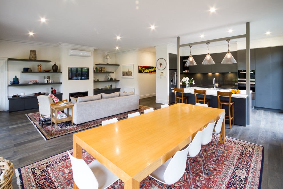 Design ideas for a mid-sized contemporary l-shaped open plan kitchen in Melbourne with an undermount sink, flat-panel cabinets, grey cabinets, marble benchtops, dark hardwood floors, with island and stone slab splashback.