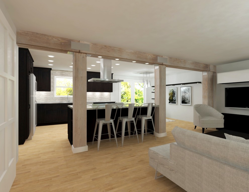 Eat-in kitchen - large rustic l-shaped light wood floor eat-in kitchen idea in Denver with a drop-in sink, shaker cabinets, dark wood cabinets, quartzite countertops, gray backsplash, stone tile backsplash, stainless steel appliances and an island