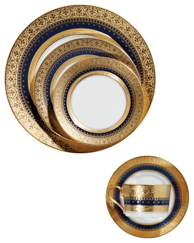 5-Piece Dinnerware Set, Gold and Cobalt Blue