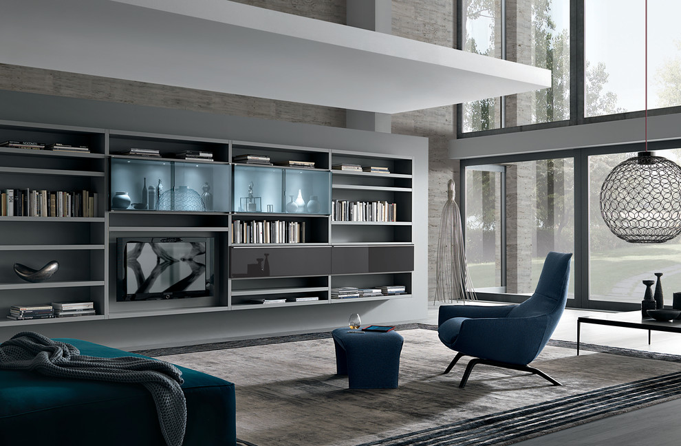 Inspiration for a large modern enclosed living room in Miami with a library, grey walls, dark hardwood floors, no fireplace and a built-in media wall.