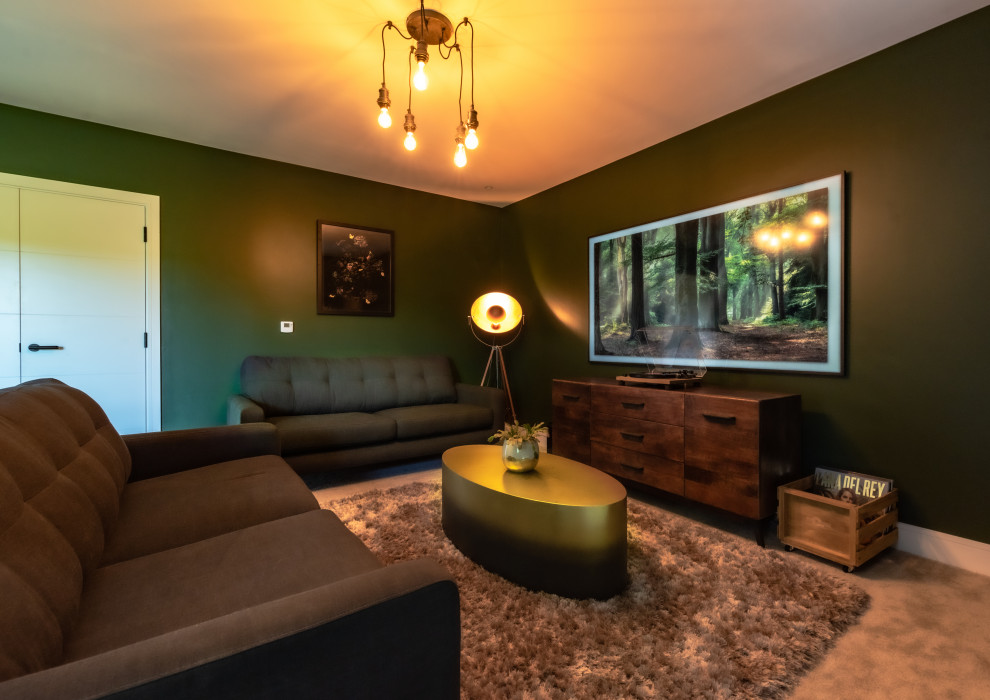 Свежая идея для дизайна: открытая гостиная комната среднего размера:: освещение в стиле лофт с зелеными стенами, ковровым покрытием и телевизором на стене - отличное фото интерьера