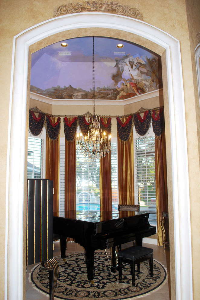 Living room - small traditional enclosed porcelain tile living room idea in Houston with a music area, beige walls and no tv