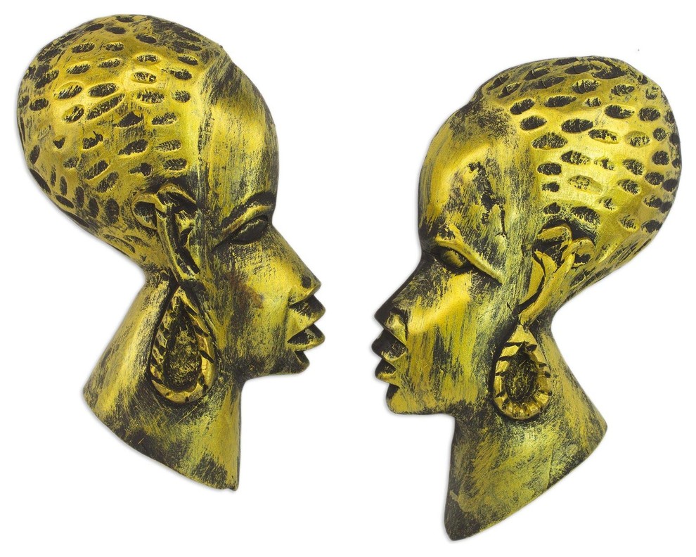 Novica Beautiful Gaze In Gold Wood Wall Sculptures, 2Piece Set