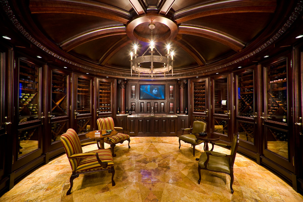 Mid-sized traditional wine cellar in Indianapolis with marble floors and diamond bins.