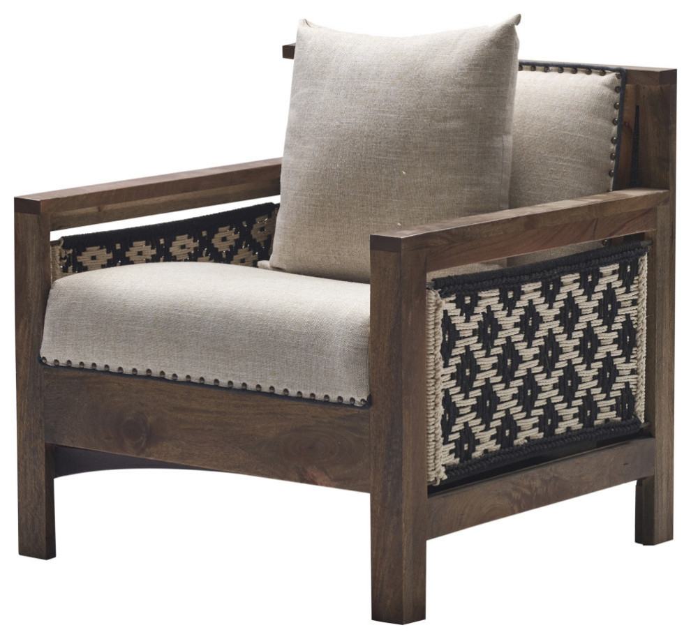 Unique Boho Chic Accent Chair With Throw Pillow Dark Wash Wood Base ...