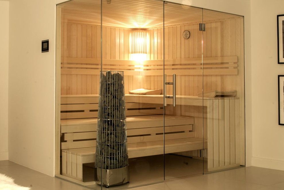 This is an example of a mid-sized scandinavian bathroom in Hanover with with a sauna.