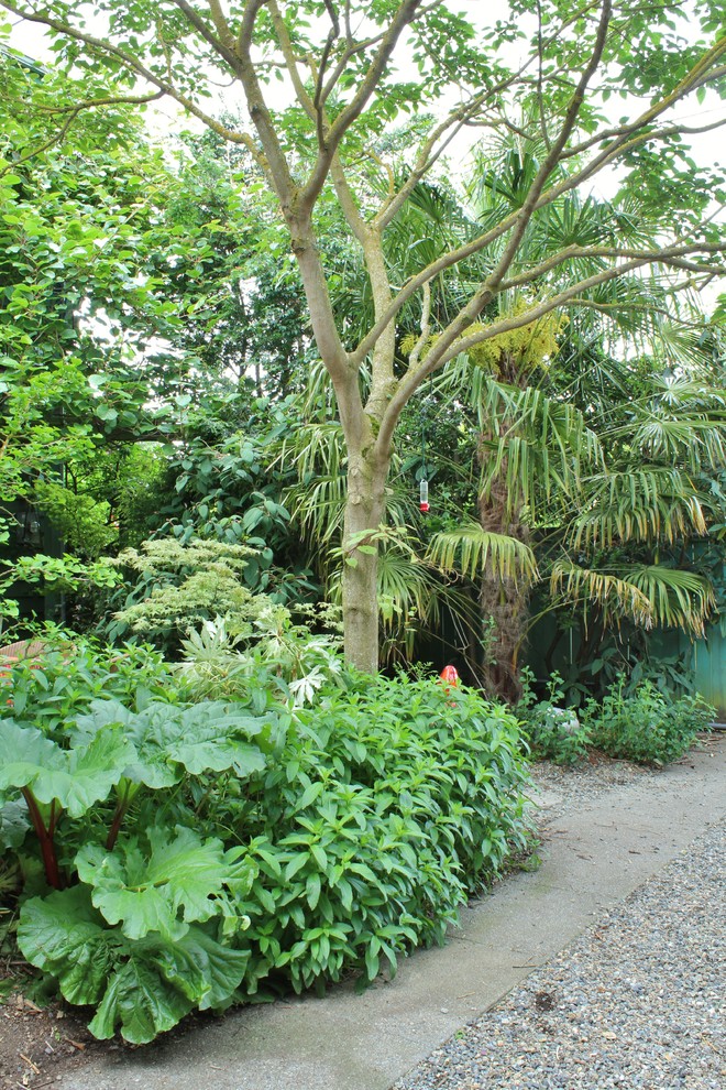 Photo of an eclectic backyard shaded garden with a vegetable garden.
