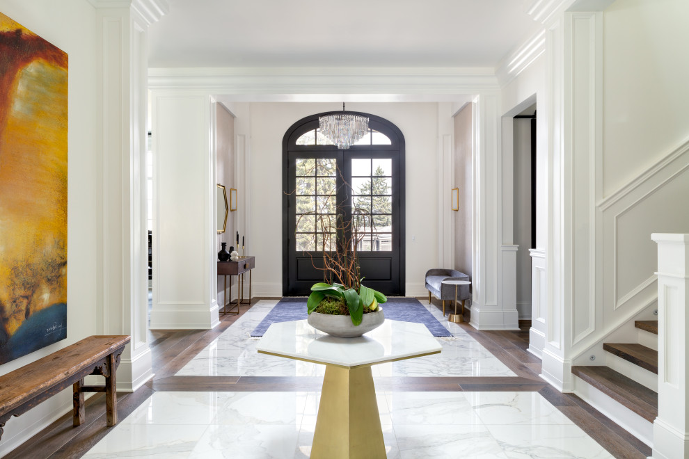 Inspiration for an expansive asian front door in Calgary with white walls, marble floors, a double front door, a black front door, white floor and wallpaper.