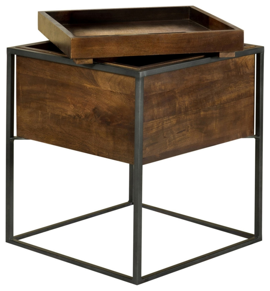 22 Inch Modern Square Accent Table Removable Tray Top With Storage Brown