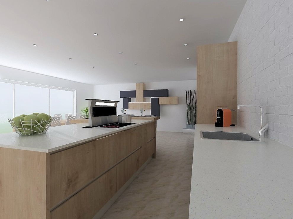 Photo of a contemporary open plan kitchen in Lyon with an integrated sink, flat-panel cabinets, light wood cabinets, laminate benchtops, white splashback, panelled appliances, cork floors and with island.