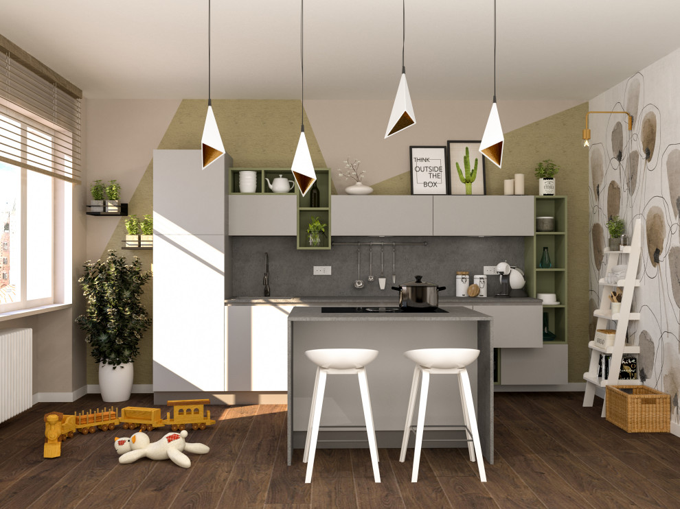 Modern kitchen in Other with an integrated sink, open cabinets, green cabinets, quartz benchtops, grey splashback, stainless steel appliances, dark hardwood floors, with island, brown floor and grey benchtop.
