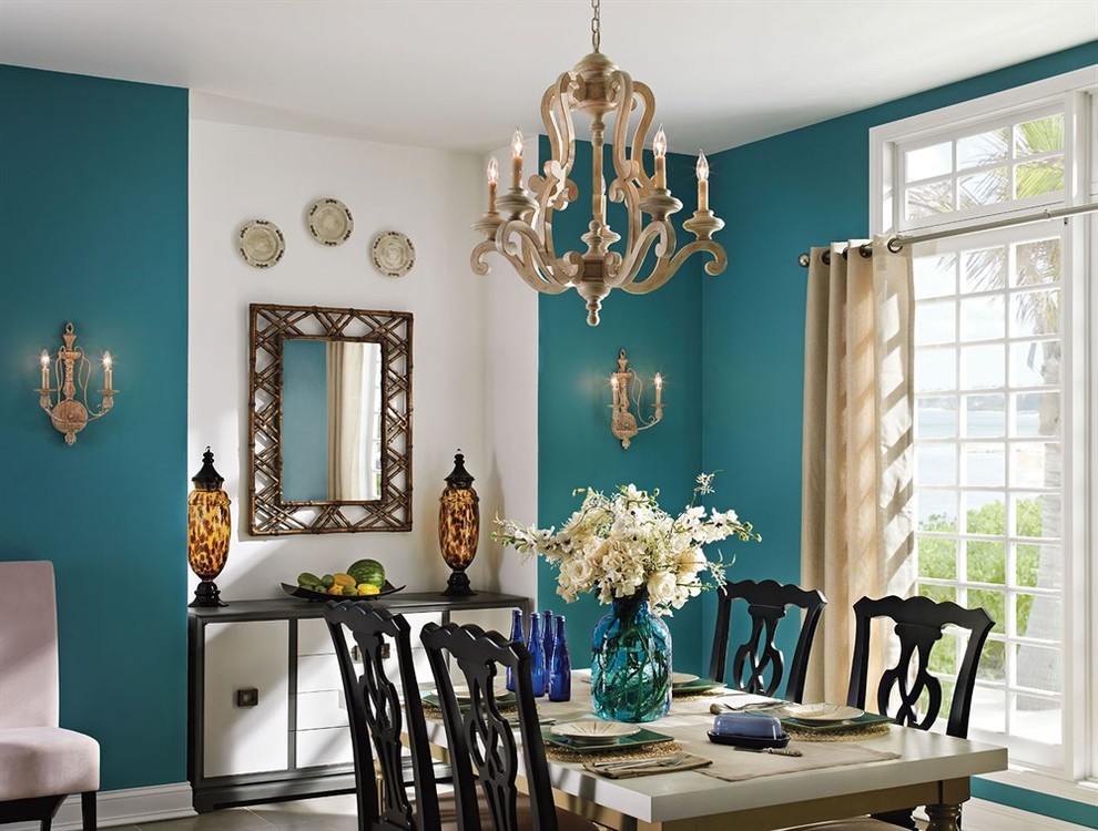Example of a mid-sized transitional enclosed dining room design with blue walls