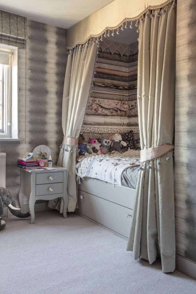 Photo of a rural grey and pink bedroom in London with grey walls, carpet and grey floors.