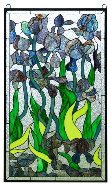 34.5"L x 20.5" Handcrafted stained glass window panel Iris Flowers 