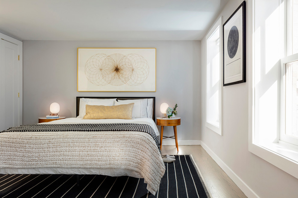 Photo of a mid-sized contemporary guest bedroom in Boston with grey walls and light hardwood floors.