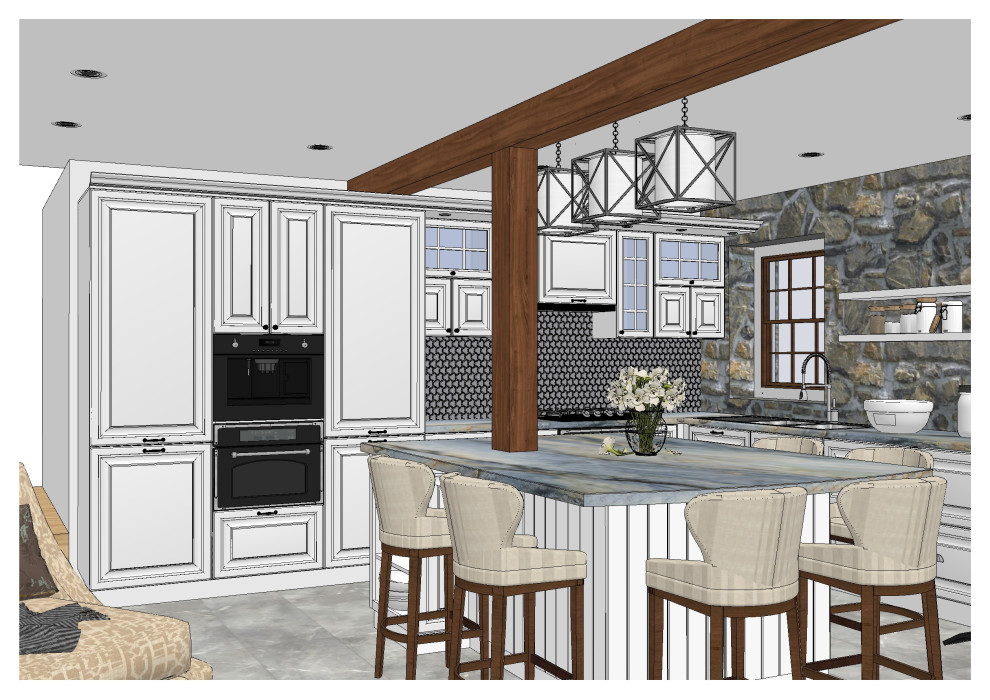 Кухня с большим островом в частном доме в США