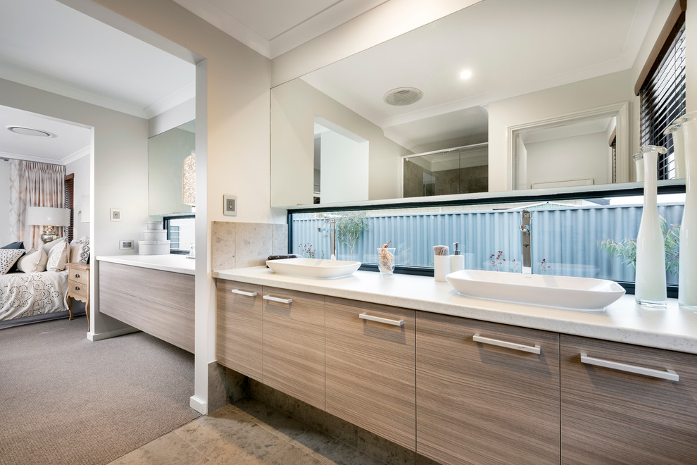 Mid-sized contemporary master bathroom in Perth with a vessel sink, flat-panel cabinets, medium wood cabinets and grey walls.