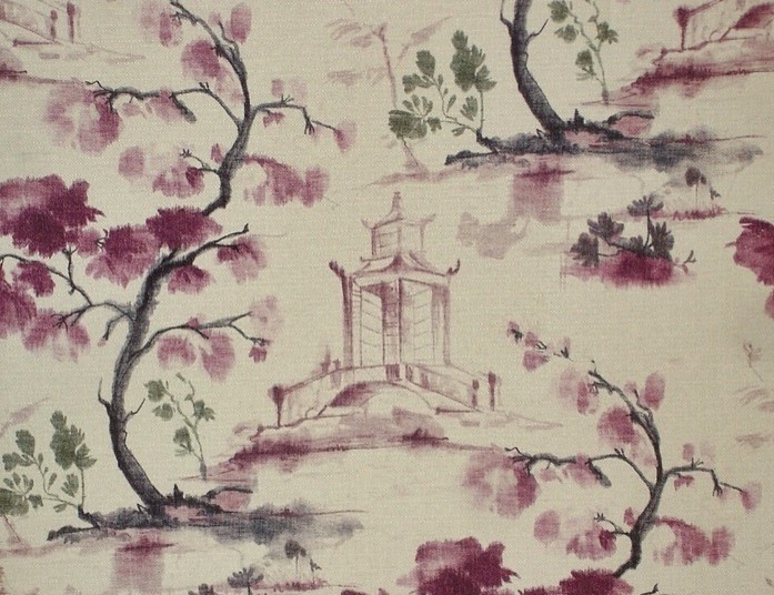 Vintage Warner Upholstery Fabric TRAVELS IN THE EAST Bamboo Painting Asian BTY